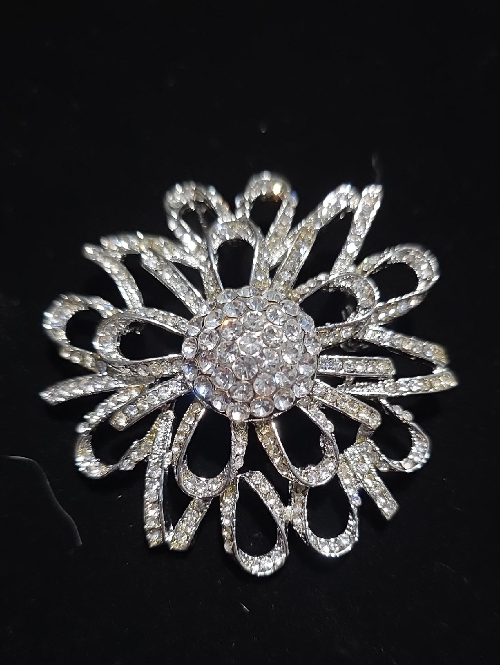 Crystal Flower Brooch Pin - Silver Tone